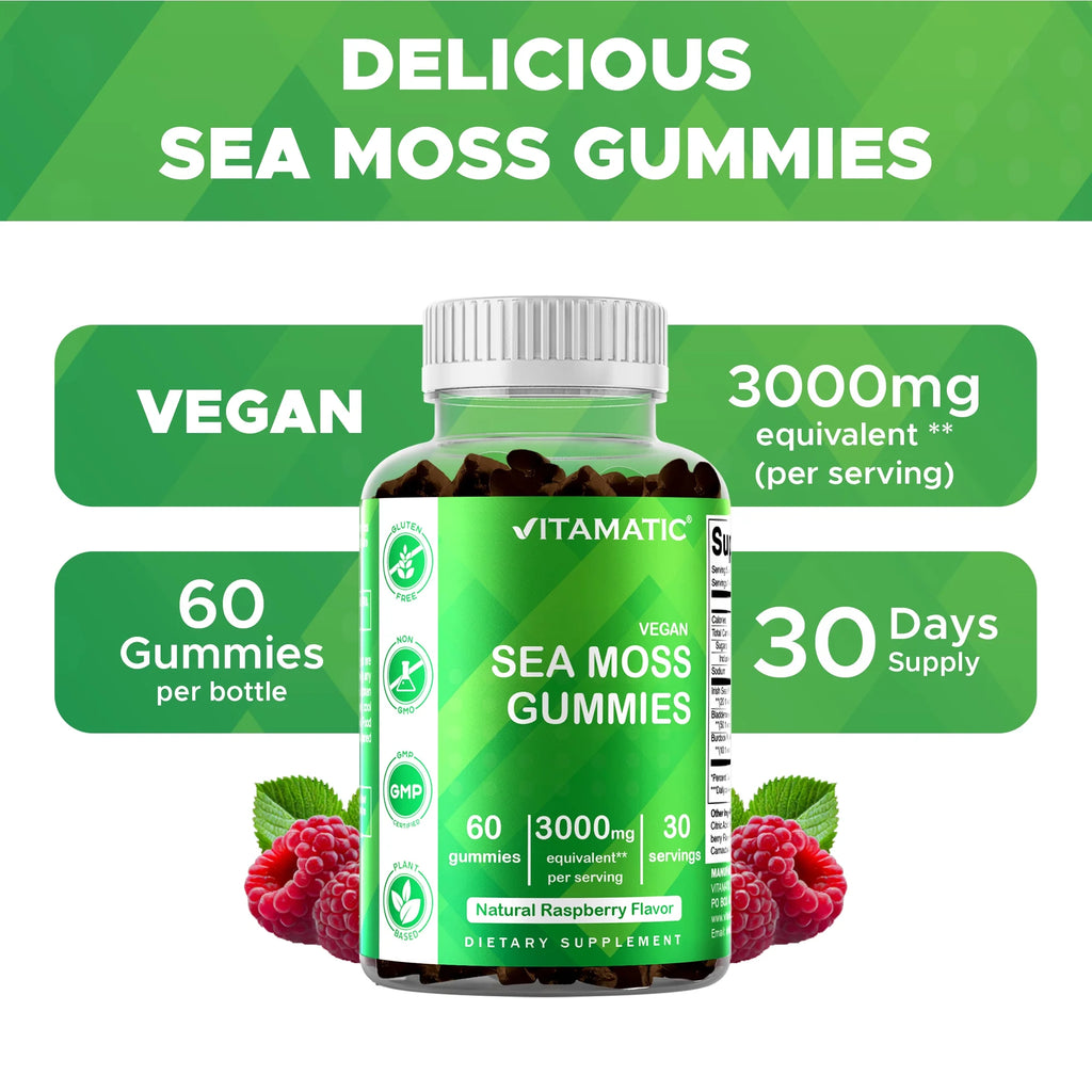 2 Pack  Irish Sea Moss Gummies - 3000 Mg - 60 Vegan Gummies - Made with Bladderwrack & Burdock Root - Seamoss Supplement for Thyroid, Energy, Immune Support