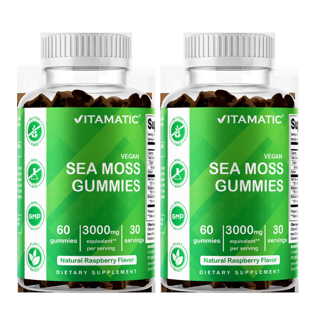 2 Pack  Irish Sea Moss Gummies - 3000 Mg - 60 Vegan Gummies - Made with Bladderwrack & Burdock Root - Seamoss Supplement for Thyroid, Energy, Immune Support